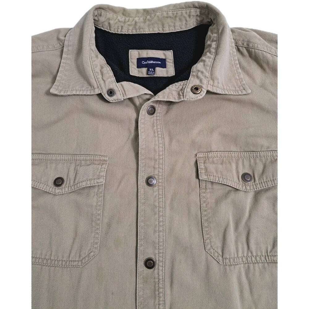 Croft Barrow Mens XL Canvas Chore Jacket Shirt Fleece Lined Coat Khaki Field - Picture 2 of 12